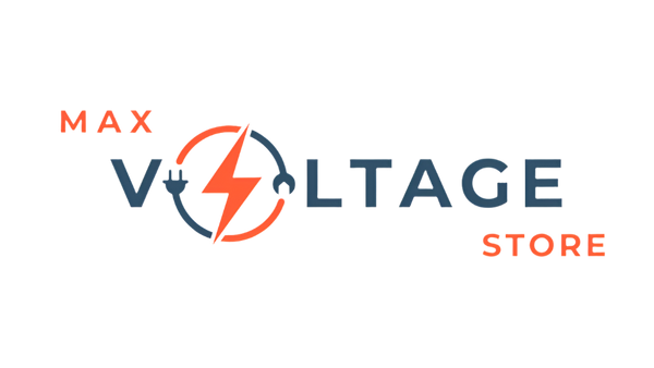 Logo of Max Voltage Store with a lightning bolt and power cord design on a white background