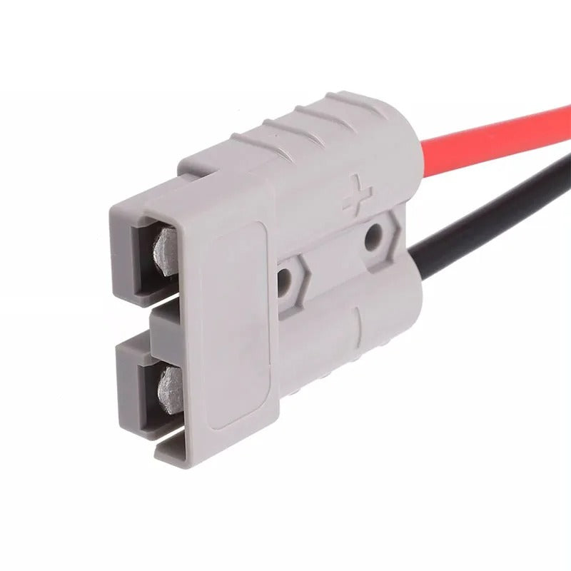 Gray electrical connector with red and black wires on a white background