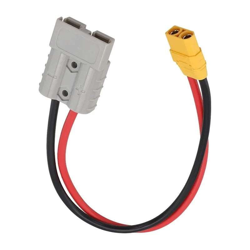 Wiring harness with gray connector, red and black wires, and yellow plug on a white background