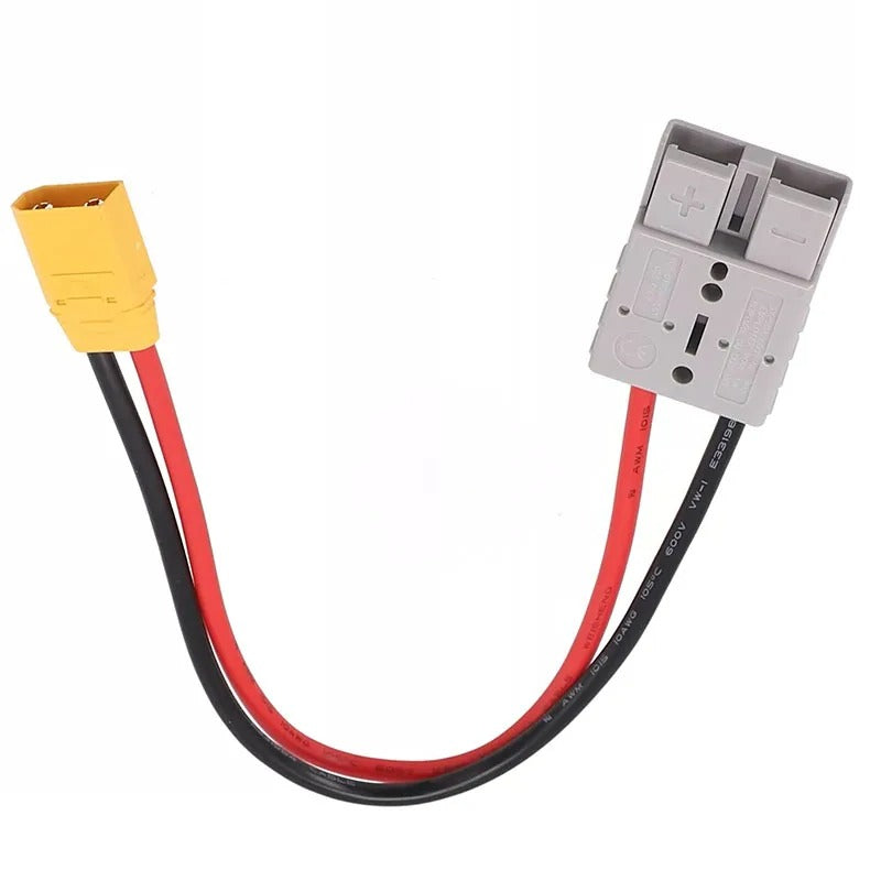 Battery connector with yellow and black cable on a white background