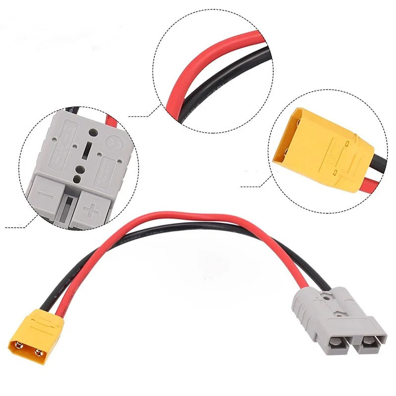 Battery connector with red and black wires on a white background